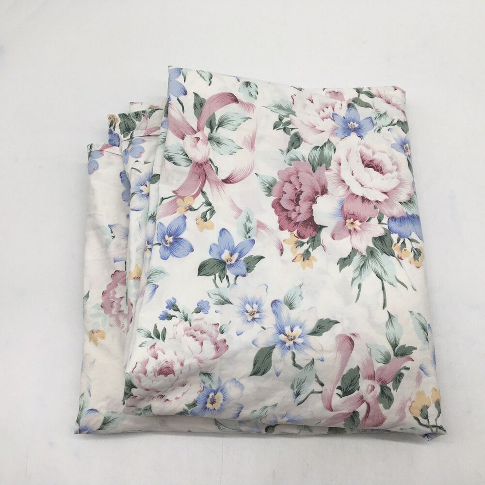 Vtg Cannon Queen Flat Sheet All Over Floral Pastel Pink Blue White Peony Percale